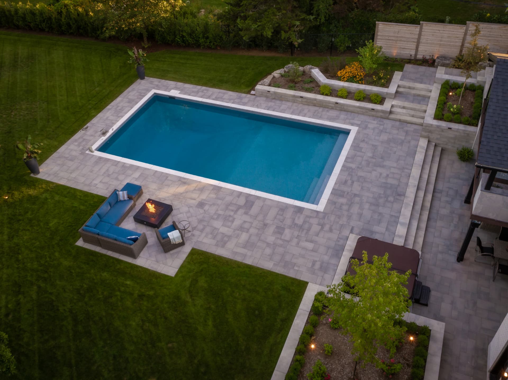 Aerial view of a paver pool patio