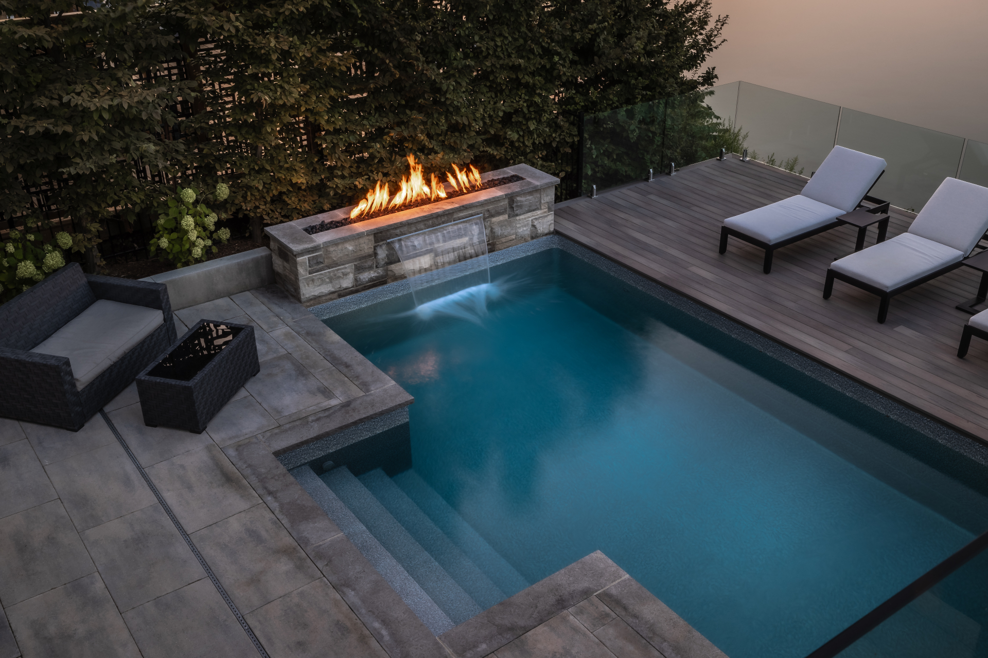 Lakeside Sanctuary — Pool with sheer descent firefall