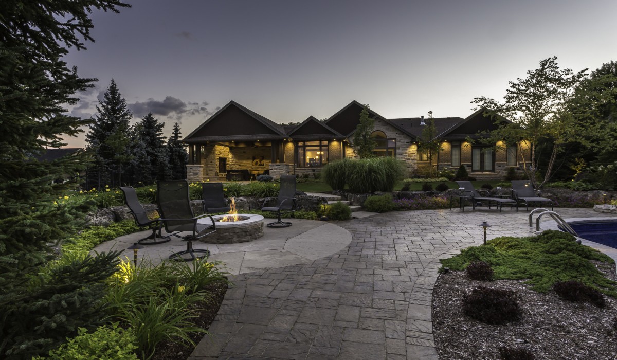 Natural stone walkway with seating area